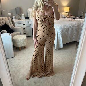 NBD Tan and Black Jumpsuit with Spaghetti Straps and Wide-Leg Design